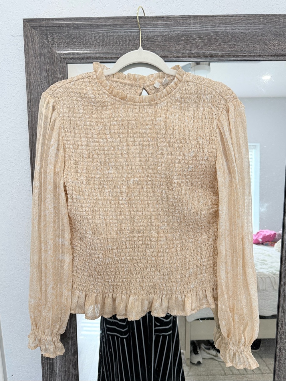 Smocked Ruffle-Neck Long Sleeve Top - Cream